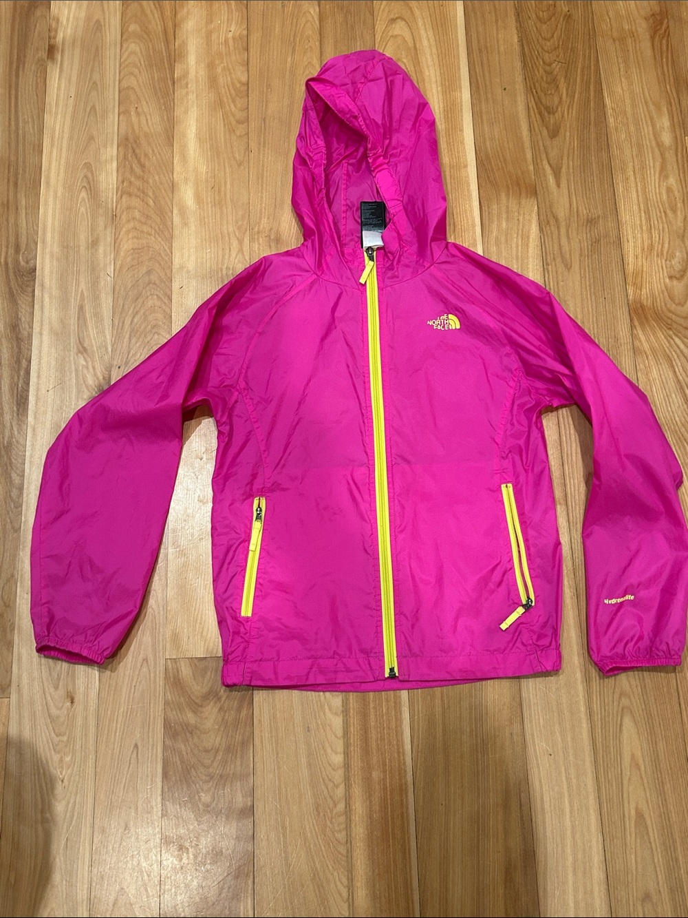The North Face Bright Fuchsia Hooded Windbreaker Jacket with Yellow Accents